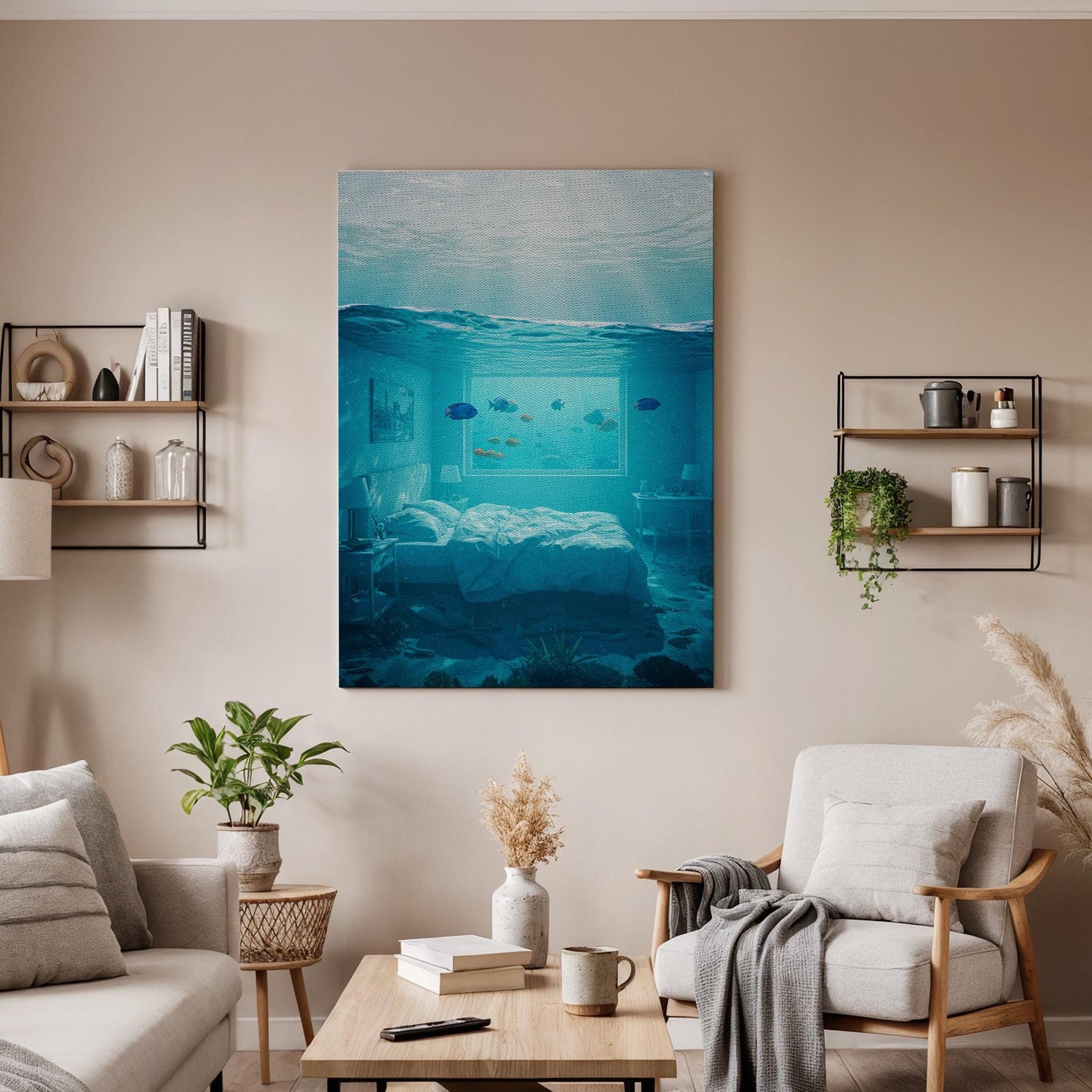 Underwater Bedroom Canvas Wall Art, Surreal Ocean Dream Print, Framed Fantasy Aquarium Decor for Modern Home, Living Room or Studio
