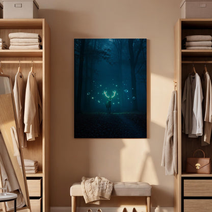 Mystical Deer Forest Canvas Wall Art, Glowing Antlers Fantasy Print, Framed Enchanted Night Scene Artwork for Bedroom, Living Room or Studio