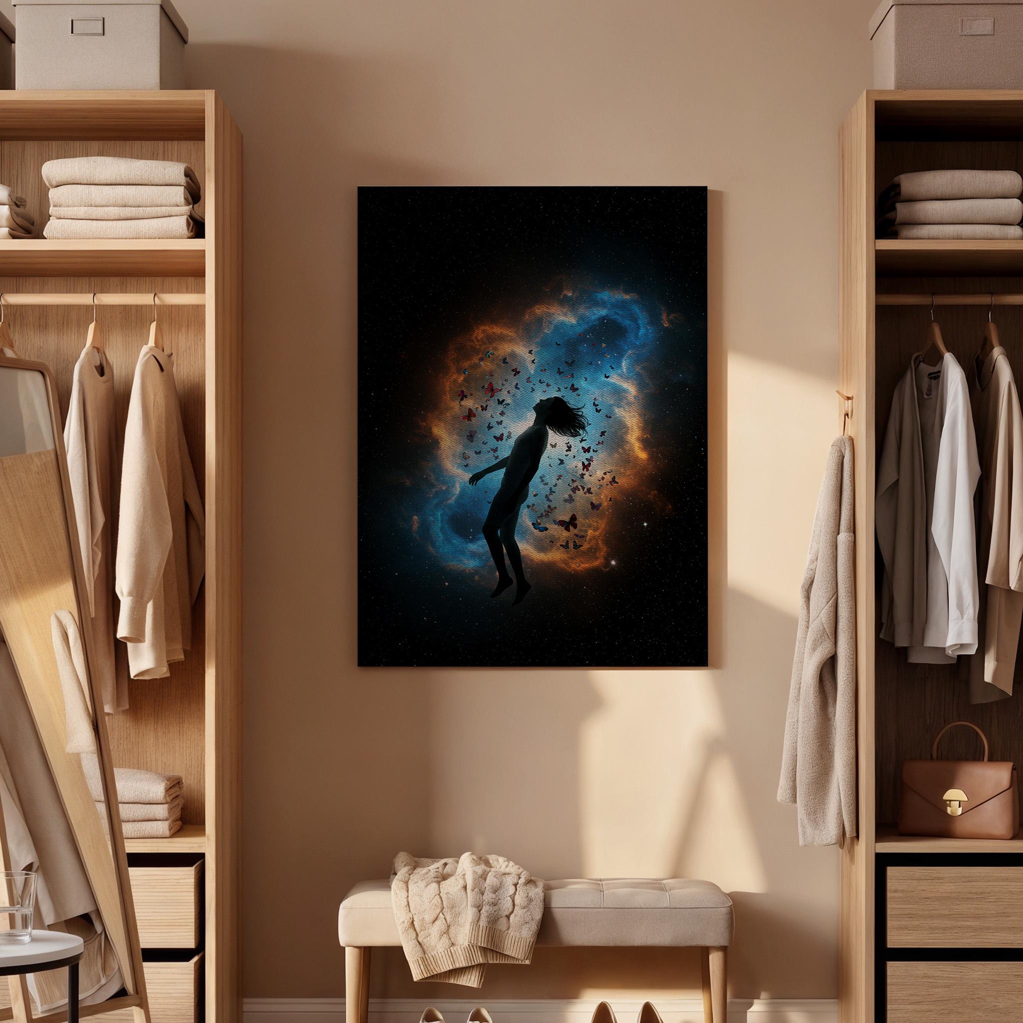 Cosmic Transformation Canvas Wall Art, Surreal Galaxy Silhouette Print, Framed Butterfly Nebula Artwork for Bedroom, Living Room or Studio