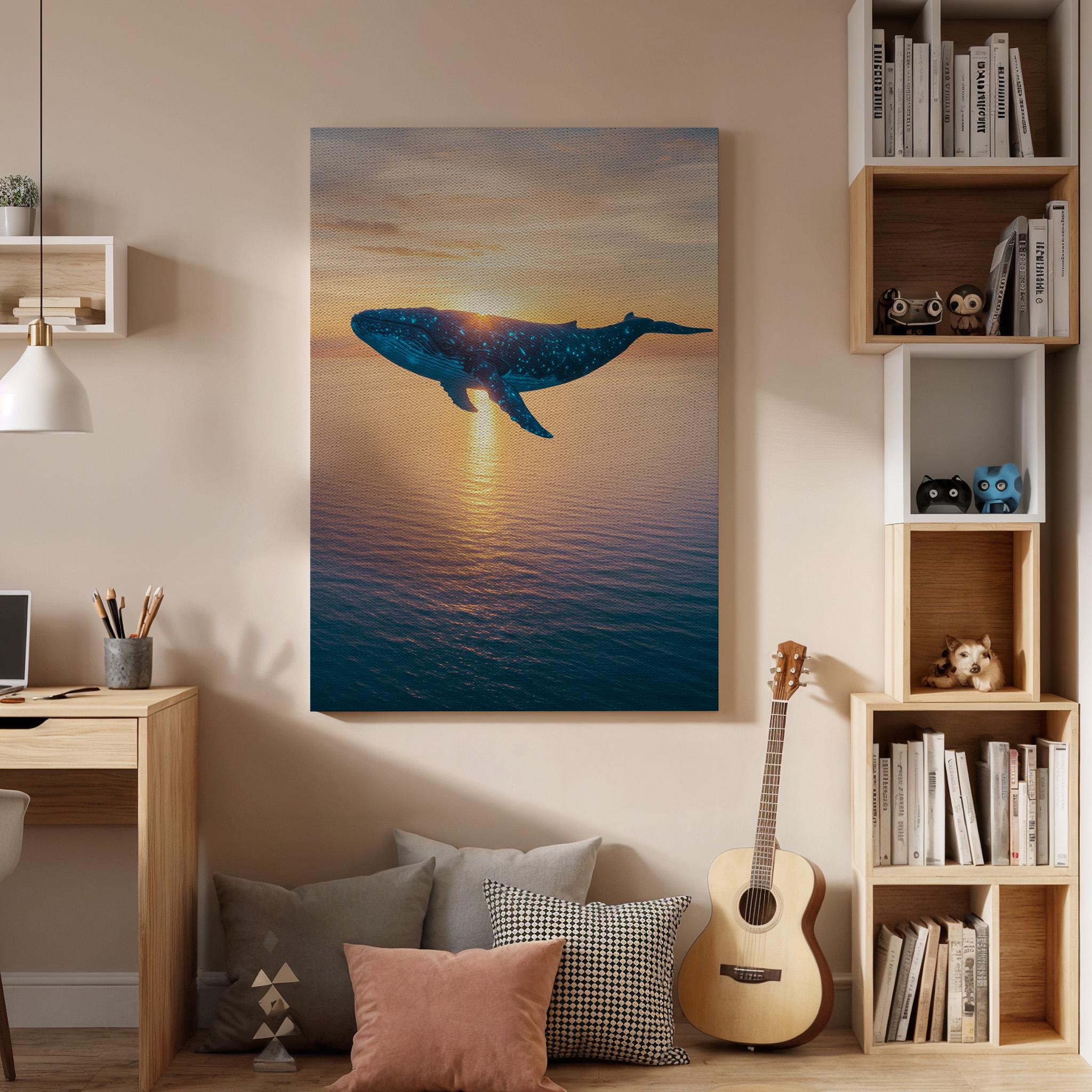 Surreal Whale Sunset Canvas Wall Art, Dreamy Ocean Animal Print, Framed Fantasy Marine Decor for Bedroom, Meditation Corner or Office
