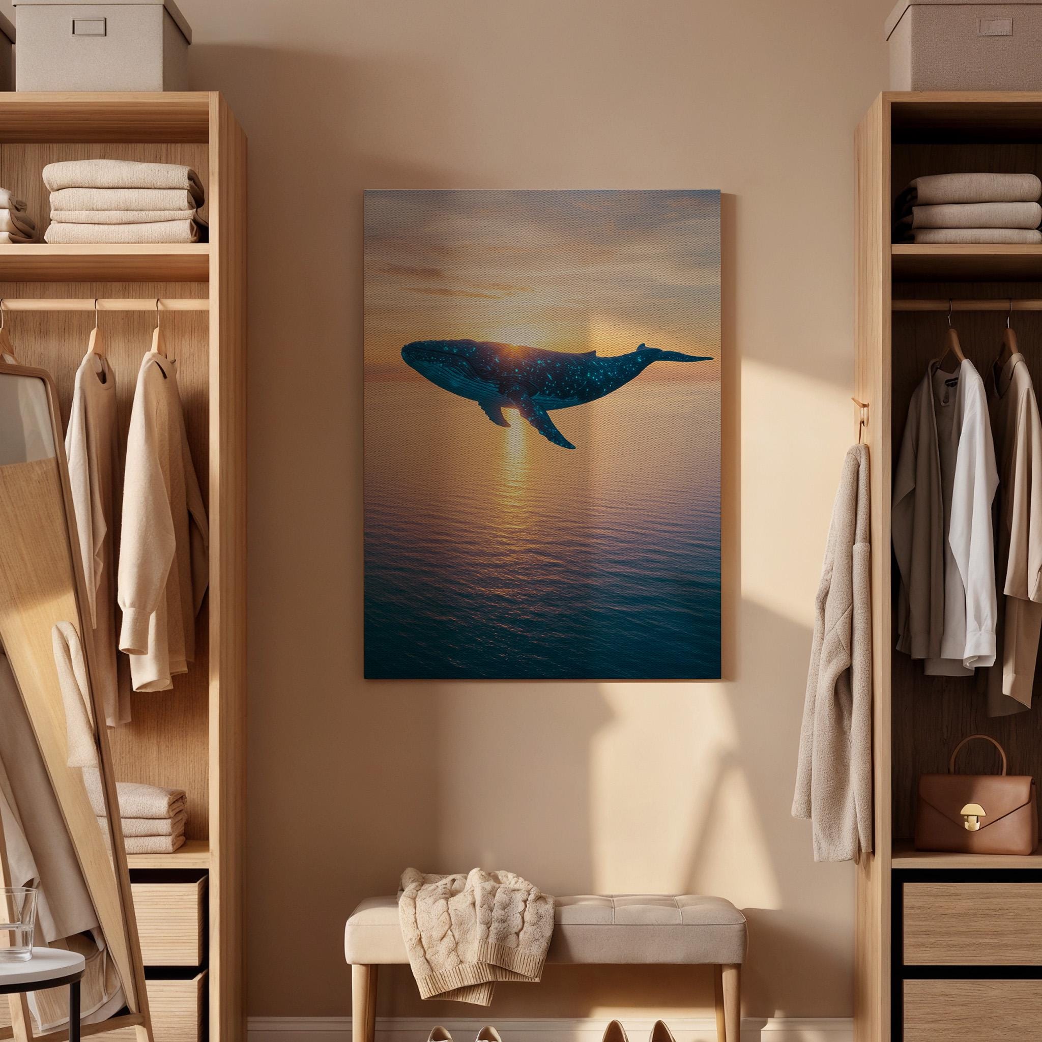 Surreal Whale Sunset Canvas Wall Art, Dreamy Ocean Animal Print, Framed Fantasy Marine Decor for Bedroom, Meditation Corner or Office