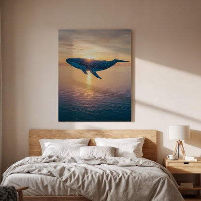 Surreal Whale Sunset Canvas Wall Art, Dreamy Ocean Animal Print, Framed Fantasy Marine Decor for Bedroom, Meditation Corner or Office