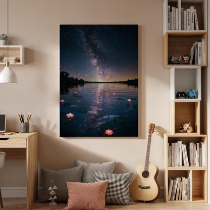 Milky Way Night Lake Canvas Wall Art, Starry Sky Water Lily Print, Framed Dreamy Nature Landscape Decor for Bedroom, Lounge or Office