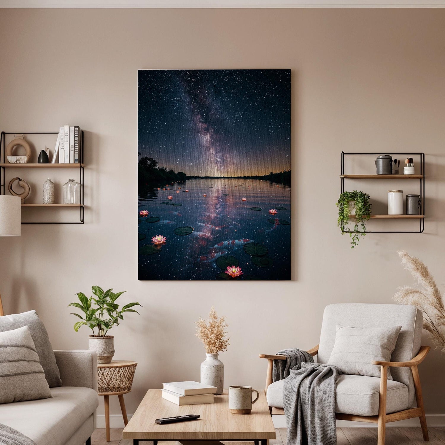 Milky Way Night Lake Canvas Wall Art, Starry Sky Water Lily Print, Framed Dreamy Nature Landscape Decor for Bedroom, Lounge or Office