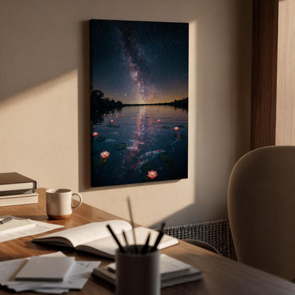 Milky Way Night Lake Canvas Wall Art, Starry Sky Water Lily Print, Framed Dreamy Nature Landscape Decor for Bedroom, Lounge or Office
