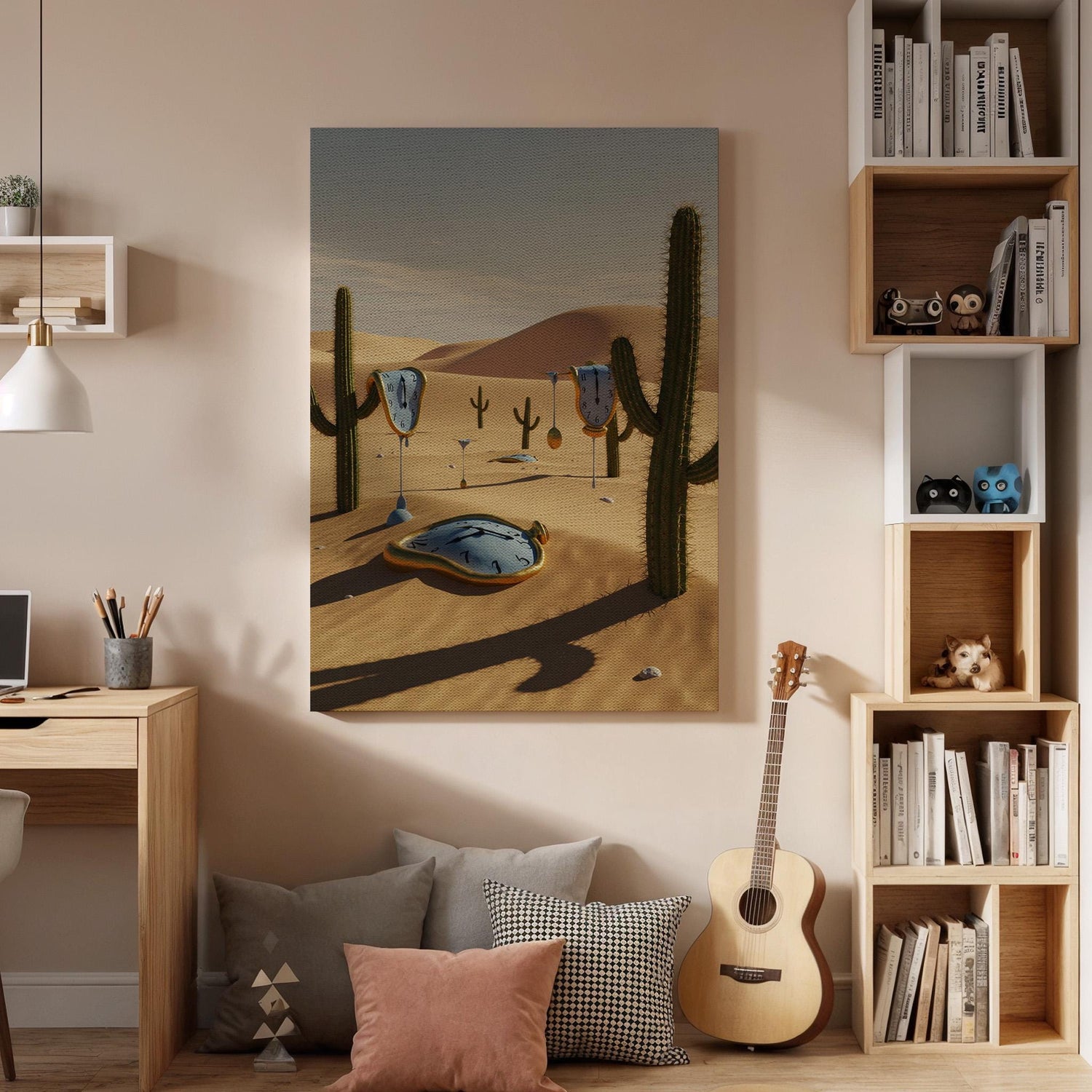 Surreal Desert Melting Clock Canvas Wall Art, Dreamlike Time Print, Framed Fantasy Landscape Decor for Living Room, Study or Office