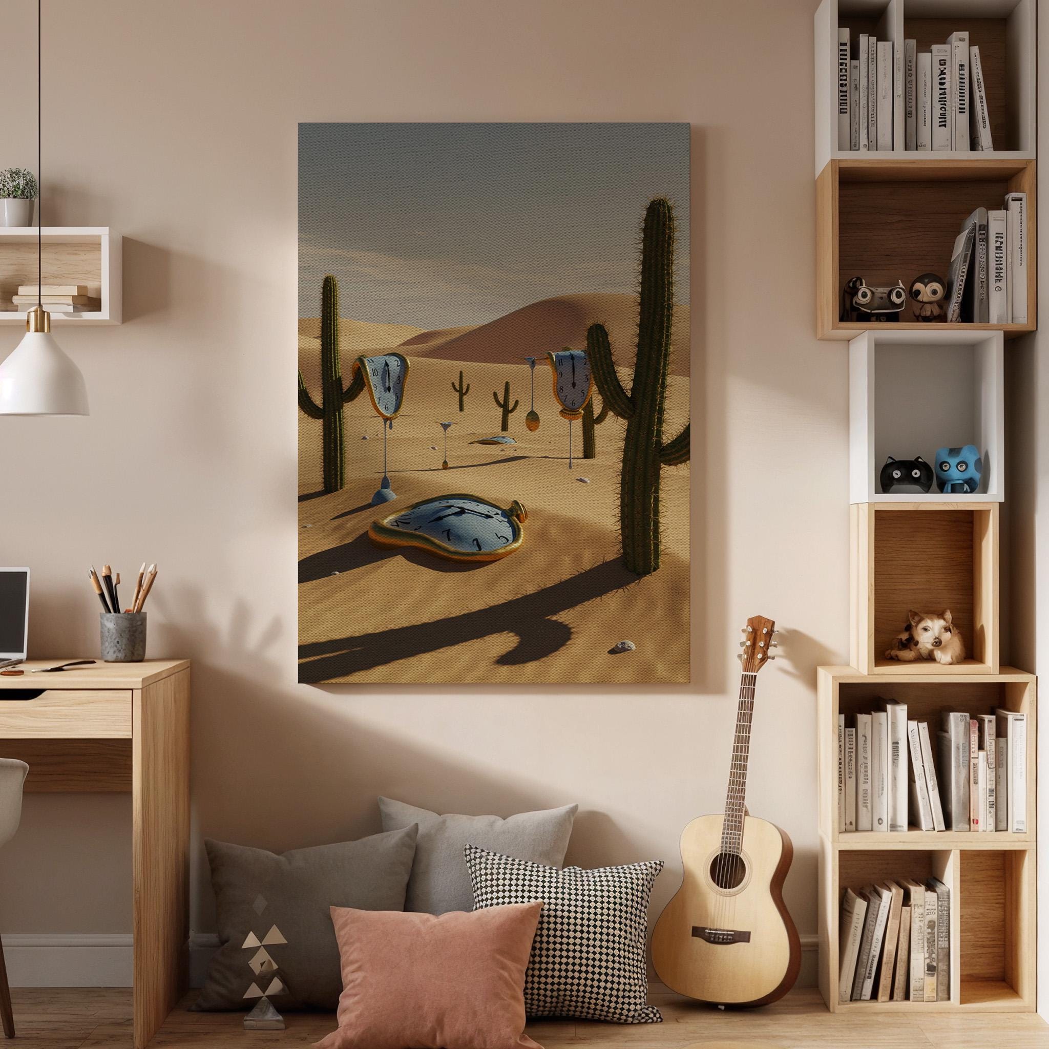 Surreal Desert Melting Clock Canvas Wall Art, Dreamlike Time Print, Framed Fantasy Landscape Decor for Living Room, Study or Office