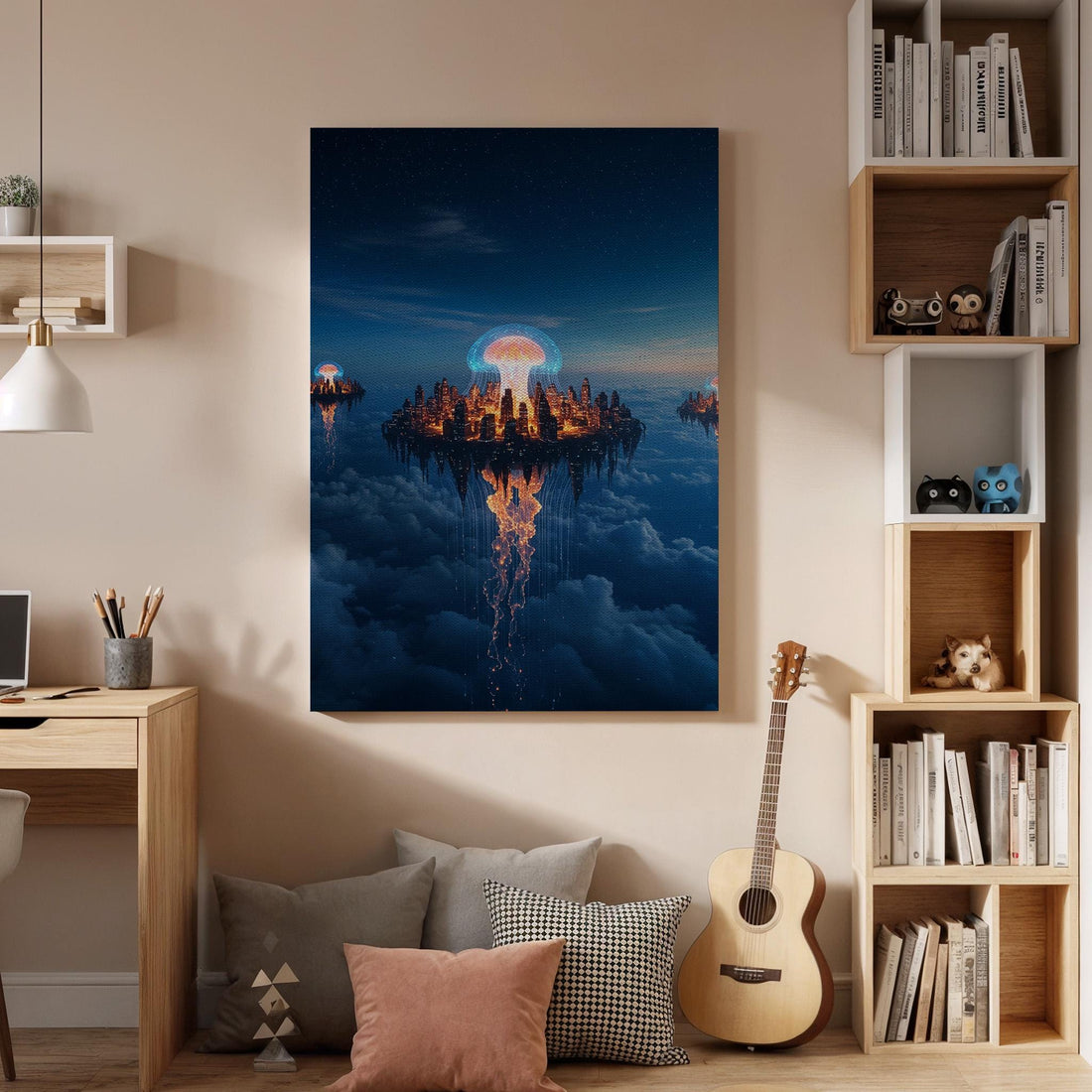 Floating City Sci Fi Canvas Wall Art, Glowing Futuristic Landscape Print, Framed Fantasy Sky Island Decor for Bedroom, Gaming Room or Office