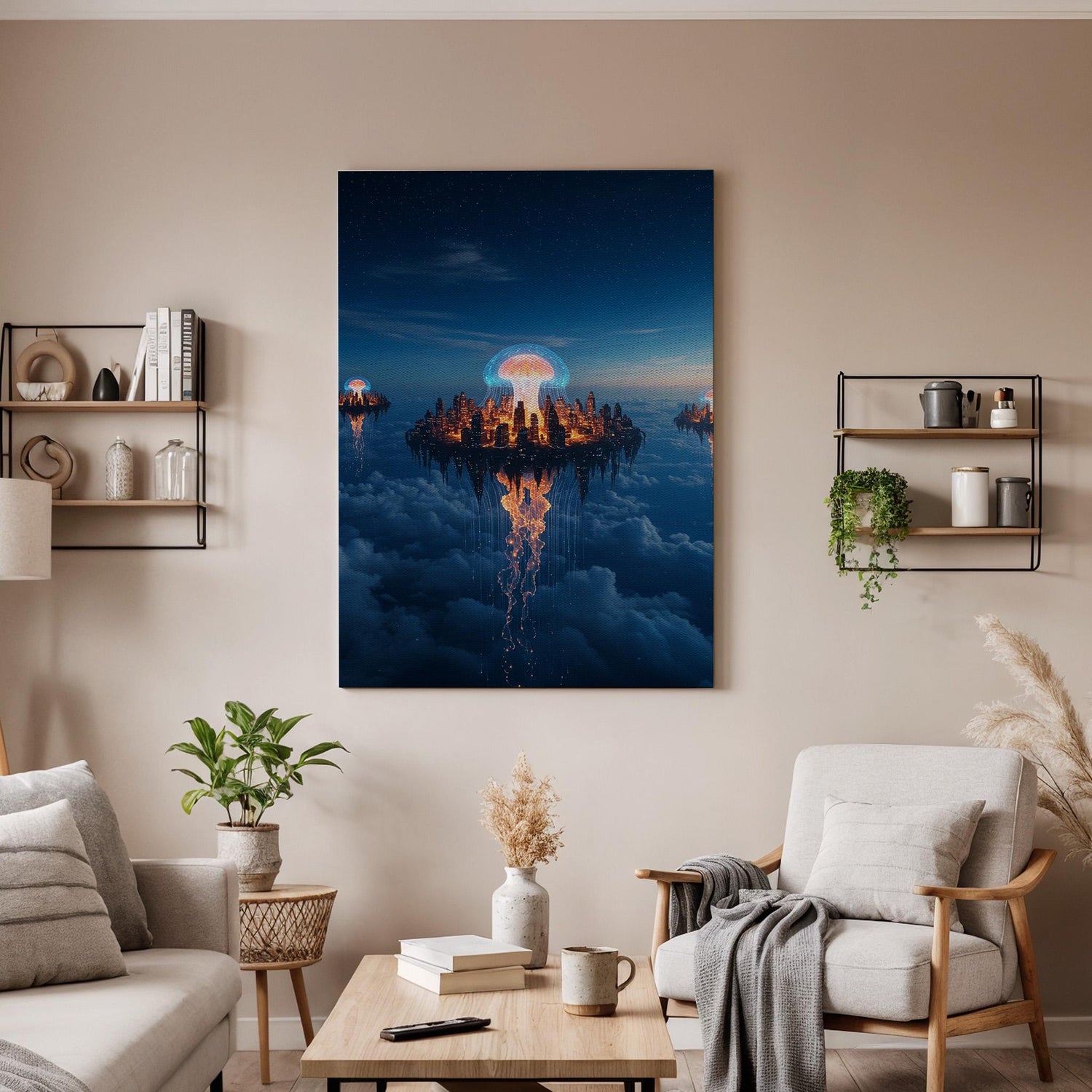 Floating City Sci Fi Canvas Wall Art, Glowing Futuristic Landscape Print, Framed Fantasy Sky Island Decor for Bedroom, Gaming Room or Office
