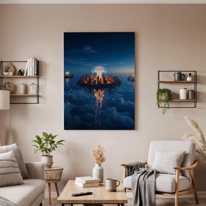 Floating City Sci Fi Canvas Wall Art, Glowing Futuristic Landscape Print, Framed Fantasy Sky Island Decor for Bedroom, Gaming Room or Office
