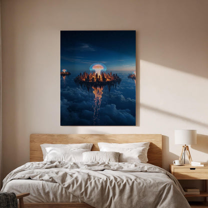 Floating City Sci Fi Canvas Wall Art, Glowing Futuristic Landscape Print, Framed Fantasy Sky Island Decor for Bedroom, Gaming Room or Office