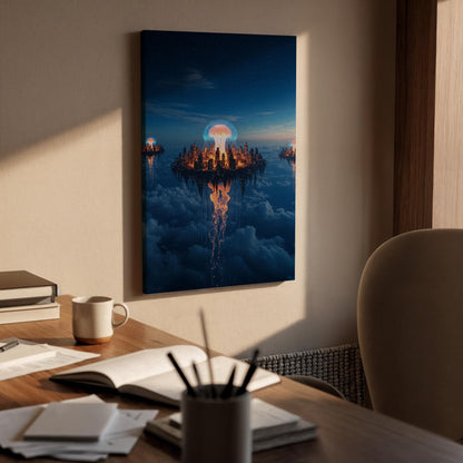 Floating City Sci Fi Canvas Wall Art, Glowing Futuristic Landscape Print, Framed Fantasy Sky Island Decor for Bedroom, Gaming Room or Office