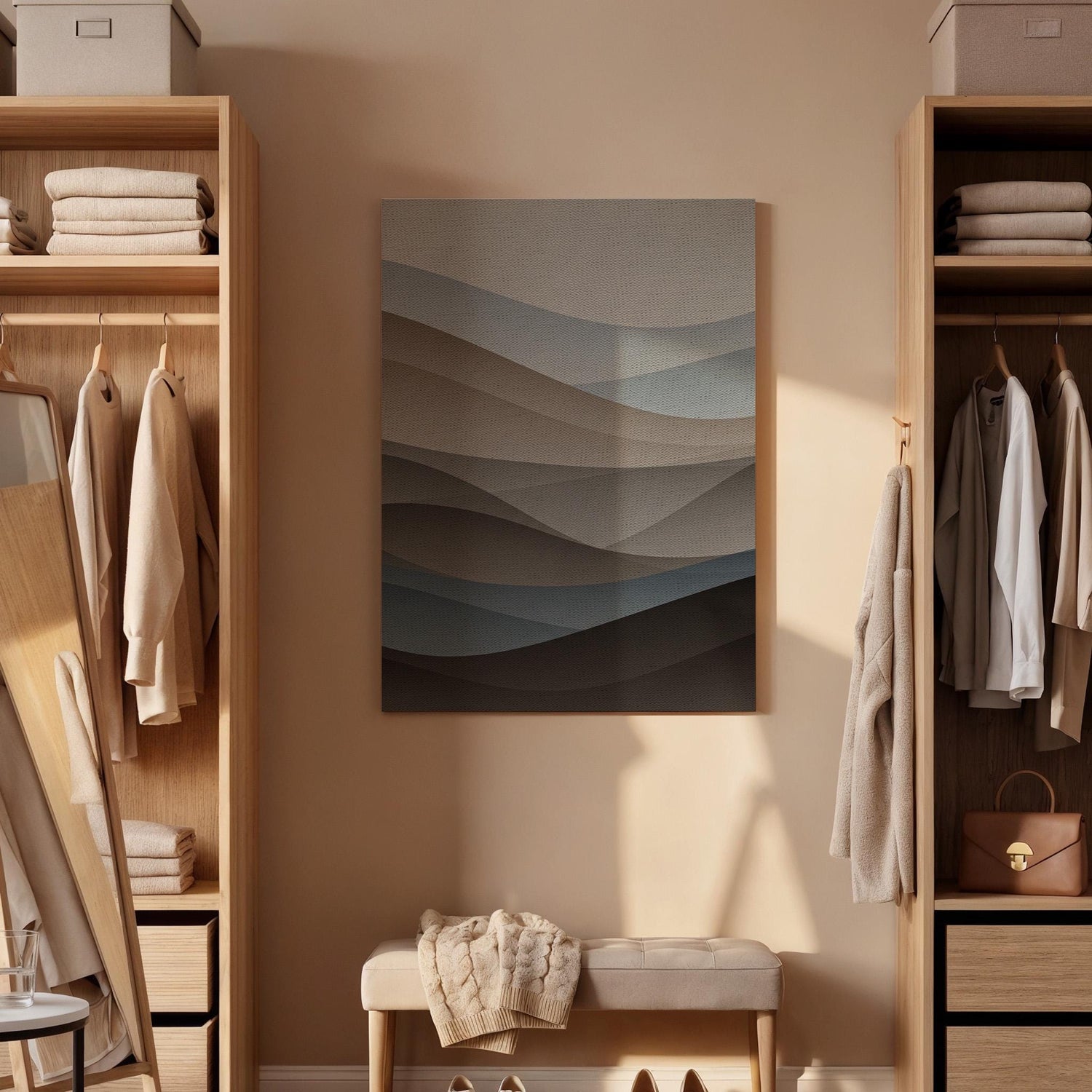 Minimal Abstract Wave Canvas Wall Art, Neutral Layered Shapes Print, Framed Modern Calming Decor for Bedroom, Living Room or Office