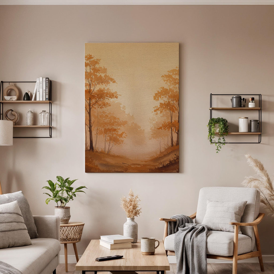 Autumn Forest Path Canvas Wall Art, Misty Woodland Landscape Print, Framed Warm Nature Decor for Living Room, Bedroom or Cozy Cottage