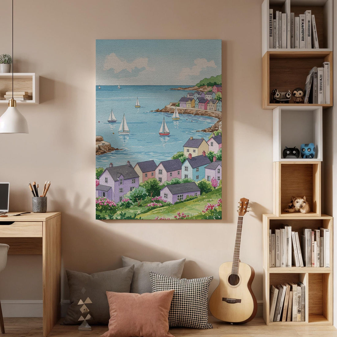 Coastal Village Canvas Wall Art, Colorful Seaside Houses and Sailboats Print, Framed Nautical Beach Decor for Living Room, Cottage or Office