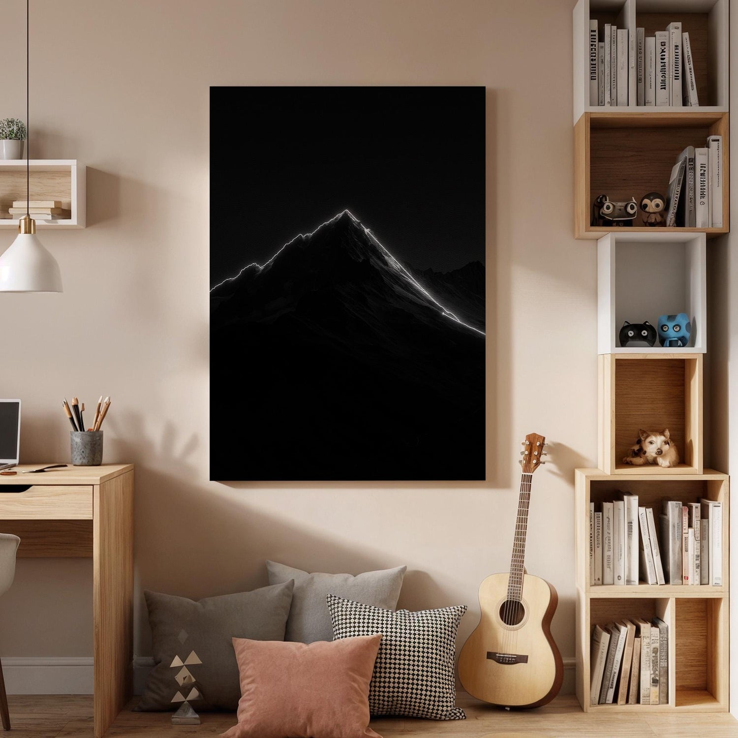Minimal Dark Mountain Canvas Wall Art, Glowing Peak Silhouette Print, Framed Modern Black and White Nature Decor for Bedroom, Office