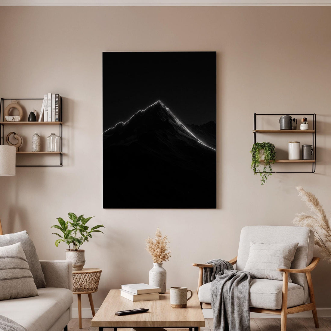 Minimal Dark Mountain Canvas Wall Art, Glowing Peak Silhouette Print, Framed Modern Black and White Nature Decor for Bedroom, Office