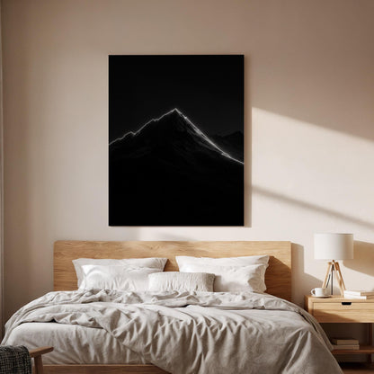 Minimal Dark Mountain Canvas Wall Art, Glowing Peak Silhouette Print, Framed Modern Black and White Nature Decor for Bedroom, Office