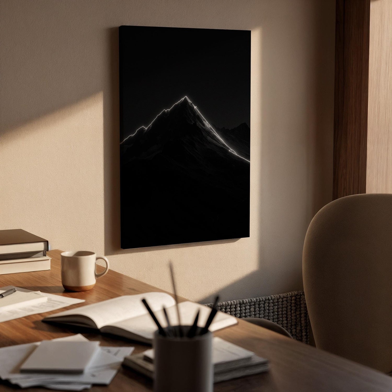 Minimal Dark Mountain Canvas Wall Art, Glowing Peak Silhouette Print, Framed Modern Black and White Nature Decor for Bedroom, Office