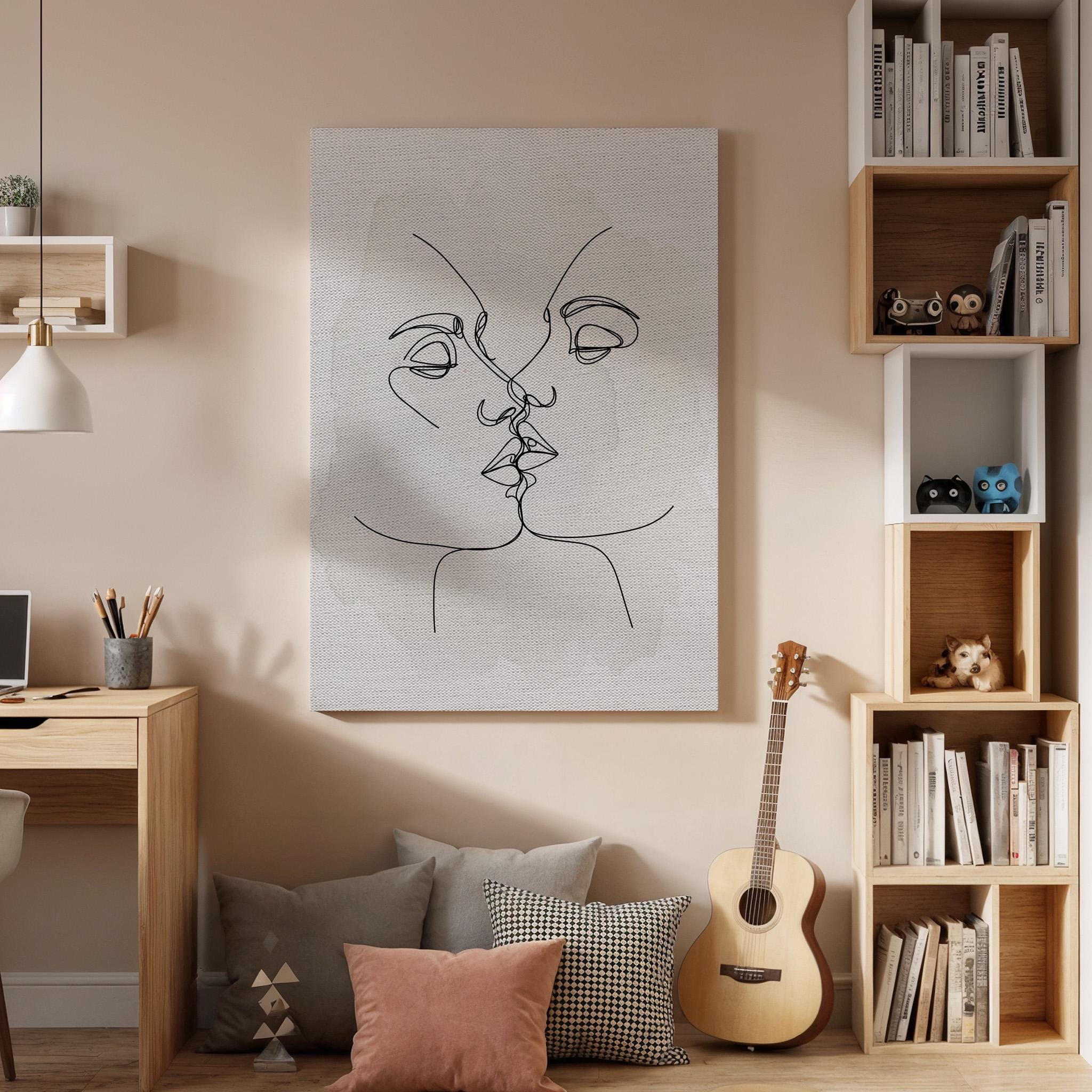 Minimalist Kiss Line Art, Romantic Couple Canvas Print, Framed Love Decor