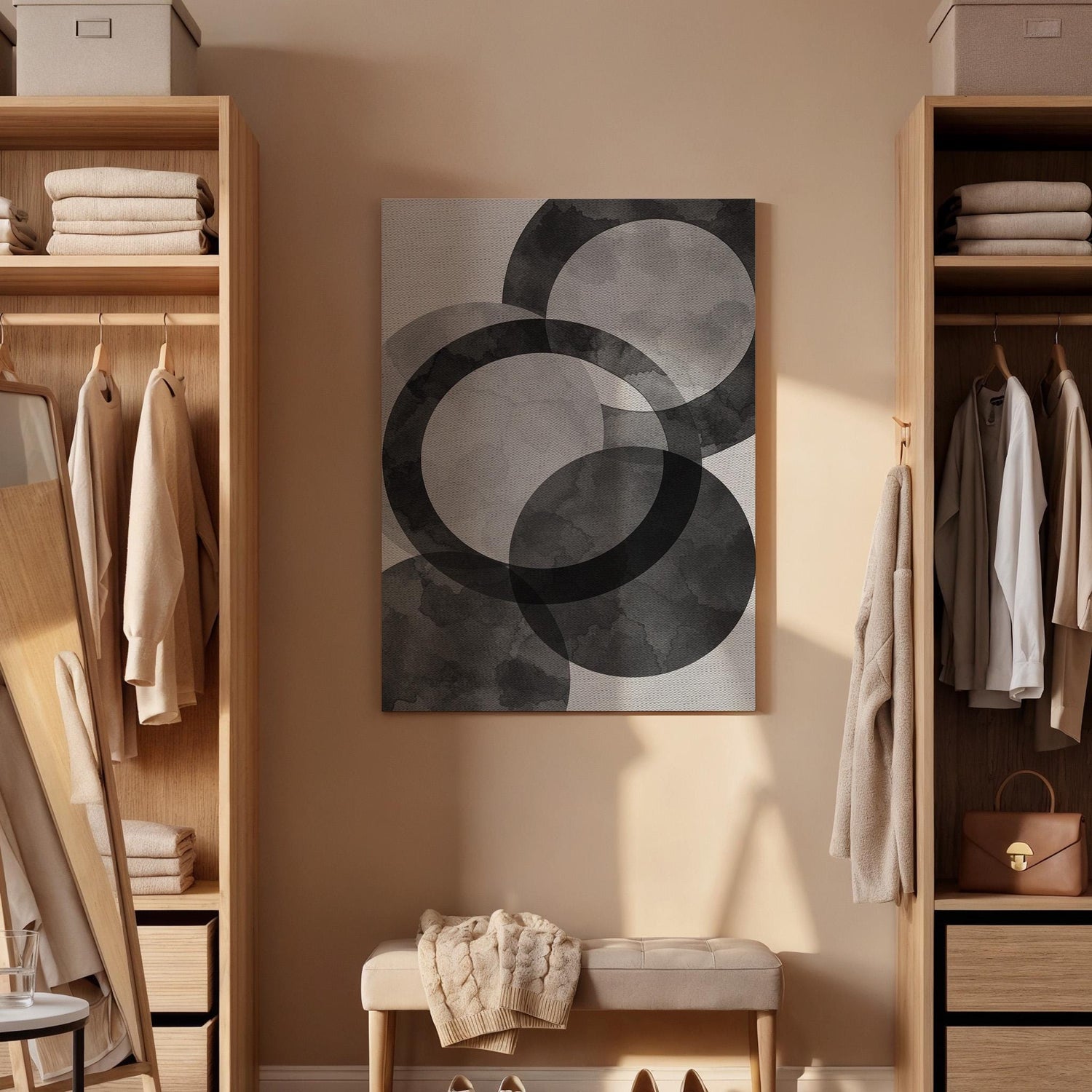 Abstract Black Gray Geometric Canvas Wall Art, Minimal Circle Print, Framed Neutral Contemporary Decor for Living Room, Bedroom or Office