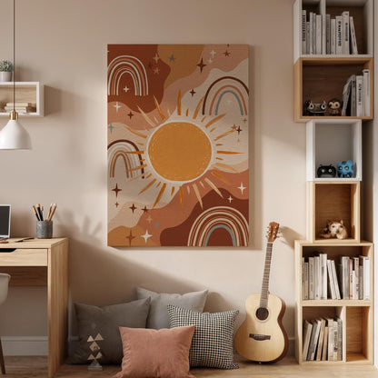 Boho Sun and Rainbow Canvas Wall Art, Warm Earth Tone Starry Print, Framed Abstract Celestial Decor for Nursery, Bedroom or Living Room