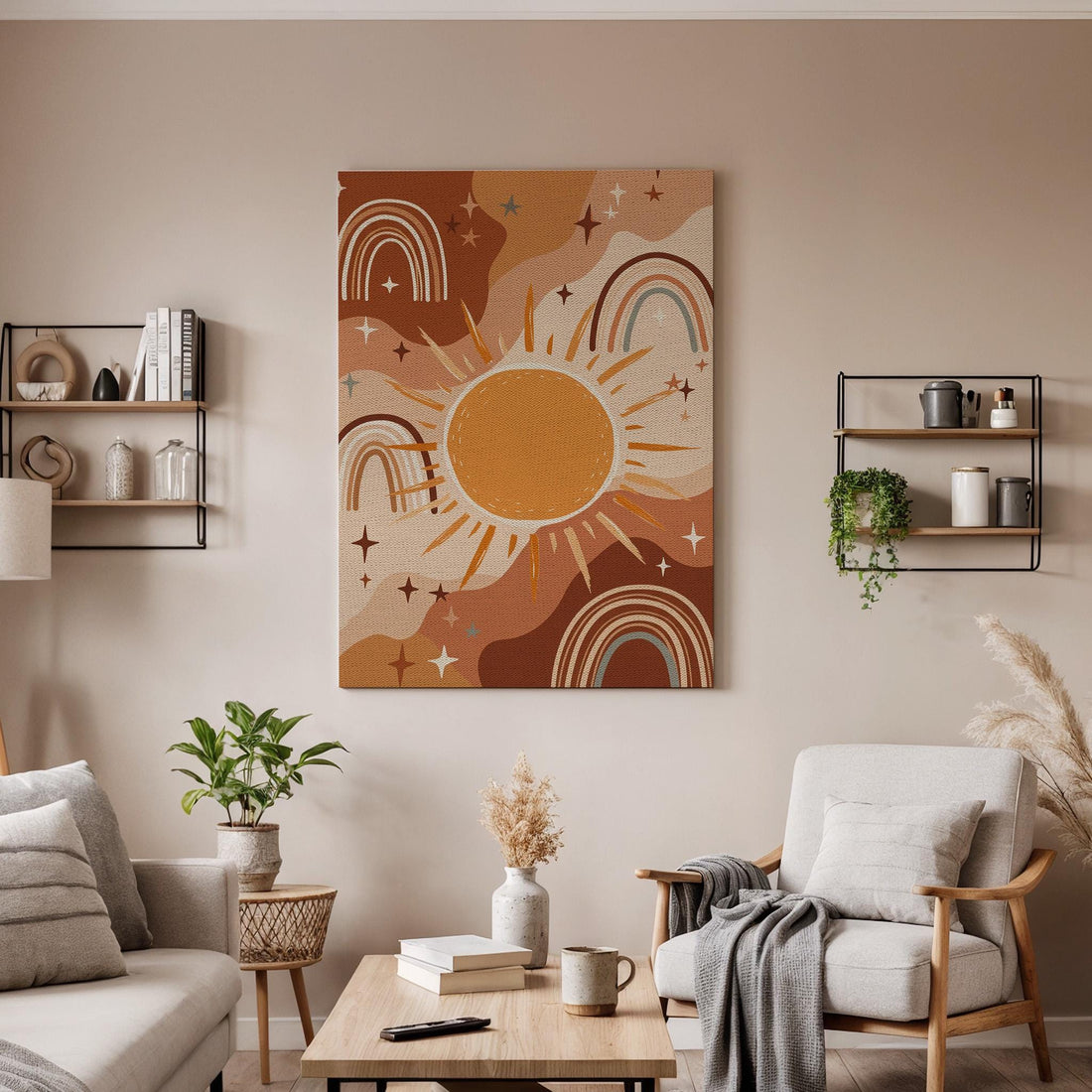 Boho Sun and Rainbow Canvas Wall Art, Warm Earth Tone Starry Print, Framed Abstract Celestial Decor for Nursery, Bedroom or Living Room