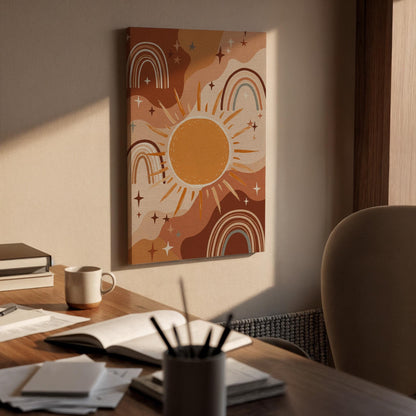 Boho Sun and Rainbow Canvas Wall Art, Warm Earth Tone Starry Print, Framed Abstract Celestial Decor for Nursery, Bedroom or Living Room
