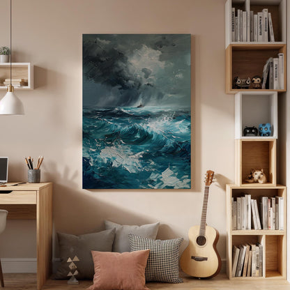 Stormy Ocean Canvas Wall Art, Abstract Seascape Painting Print, Turquoise Blue Waves Artwork, Framed Nautical Decor for Coastal Living Room