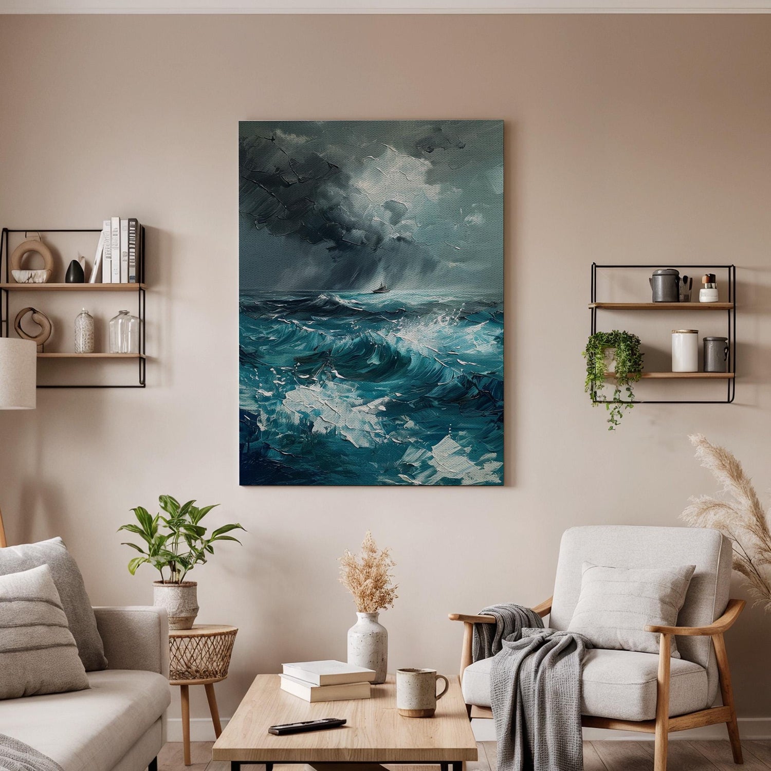 Stormy Ocean Canvas Wall Art, Abstract Seascape Painting Print, Turquoise Blue Waves Artwork, Framed Nautical Decor for Coastal Living Room