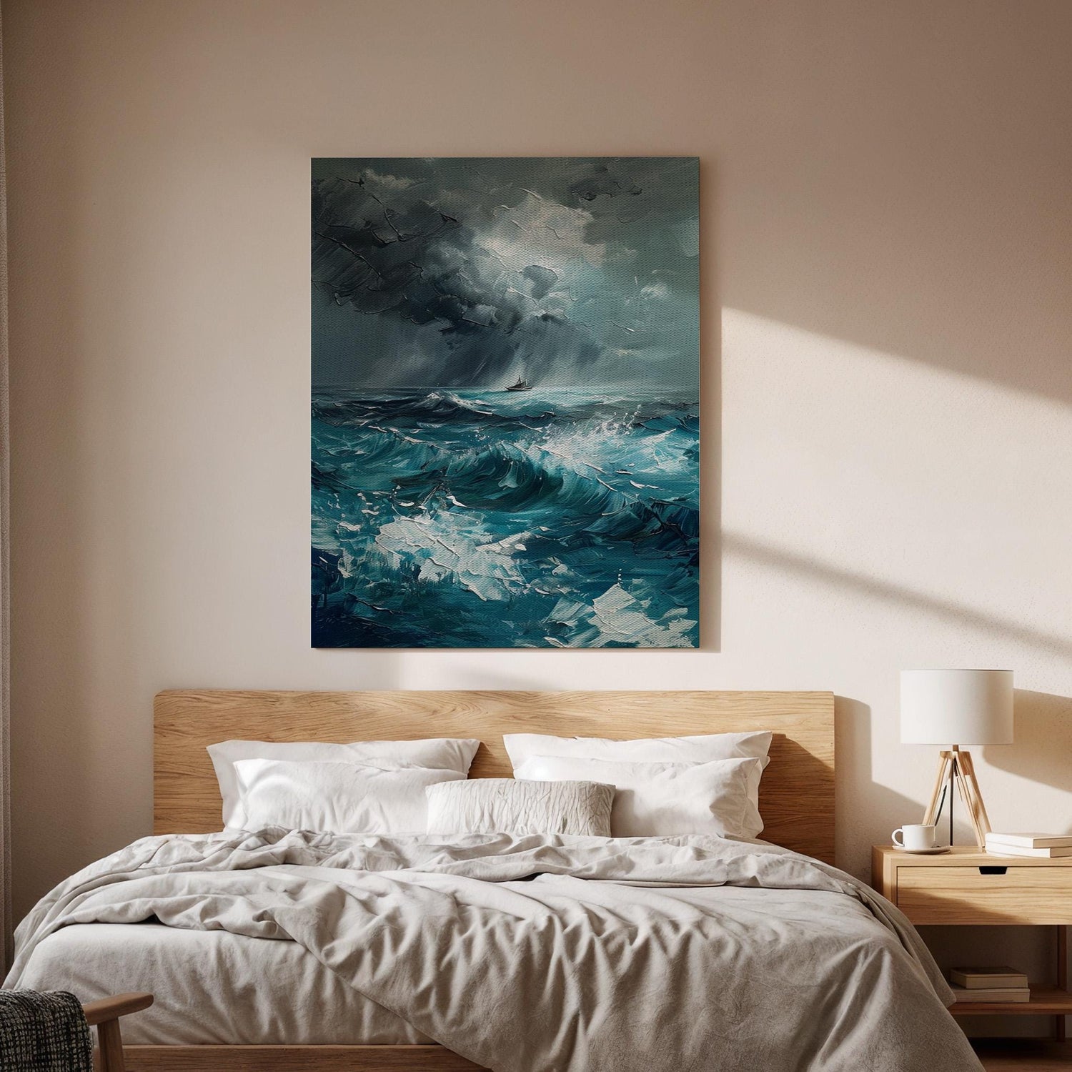 Stormy Ocean Canvas Wall Art, Abstract Seascape Painting Print, Turquoise Blue Waves Artwork, Framed Nautical Decor for Coastal Living Room