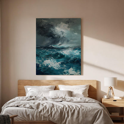 Stormy Ocean Canvas Wall Art, Abstract Seascape Painting Print, Turquoise Blue Waves Artwork, Framed Nautical Decor for Coastal Living Room
