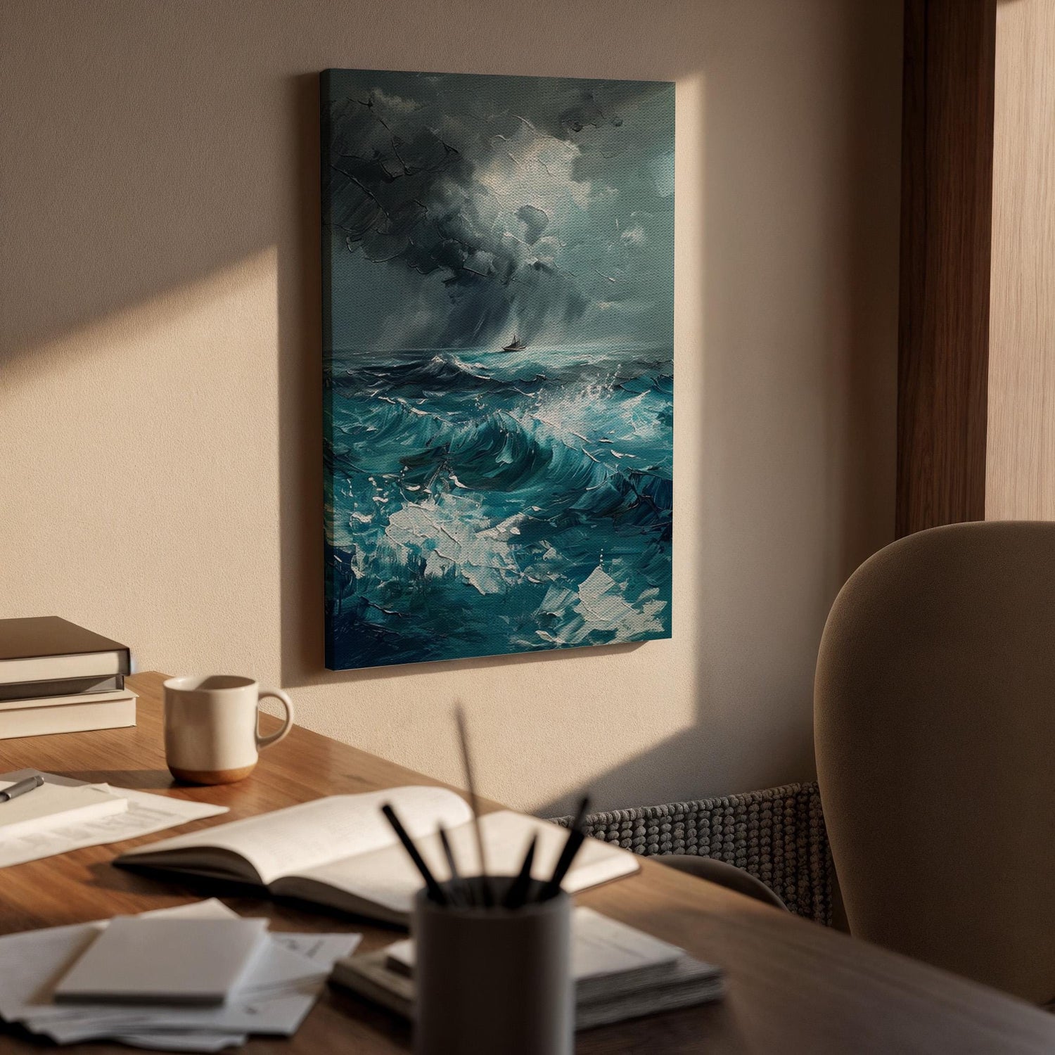 Stormy Ocean Canvas Wall Art, Abstract Seascape Painting Print, Turquoise Blue Waves Artwork, Framed Nautical Decor for Coastal Living Room