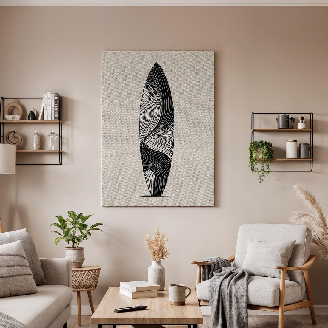 Abstract Surfboard Canvas Wall Art, Black Line Art Print, Minimal Modern Artwork, Framed Geometric Design for Coastal Living Room Bedroom