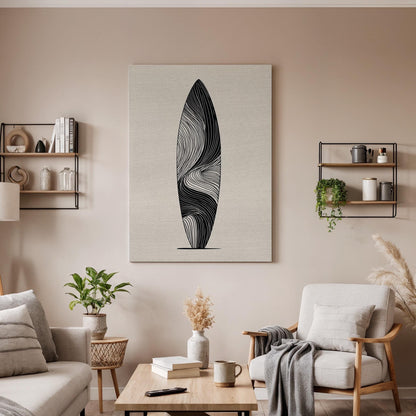 Abstract Surfboard Canvas Wall Art, Black Line Art Print, Minimal Modern Artwork, Framed Geometric Design for Coastal Living Room Bedroom