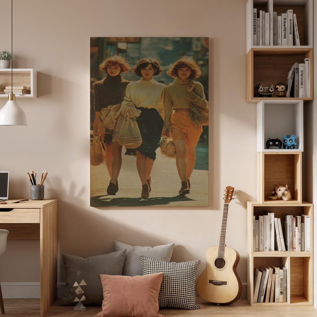 Vintage Fashion Women Canvas Wall Art, Retro Street Style Print,Chic Portrait Artwork, Framed Modern Illustration for Bedroom or Living Room