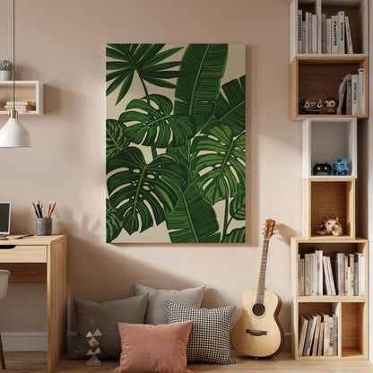 Tropical Monstera Canvas Wall Art, Green Leaf Botanical Print, Jungle Plant Illustration, Framed Modern Nature Artwork for Living Room
