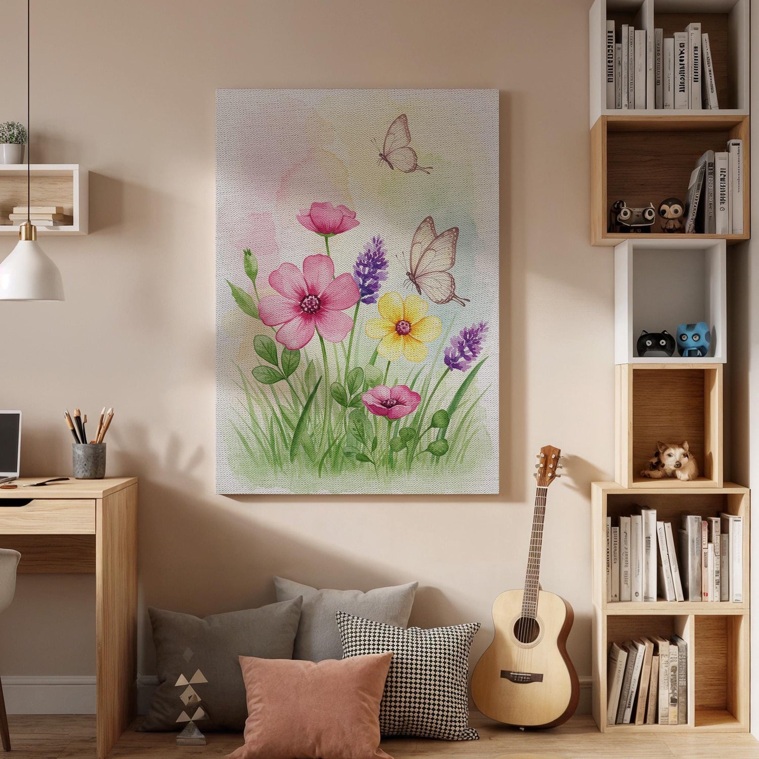 Butterfly and Flower Canvas Print, Watercolor Botanical Wall Art
