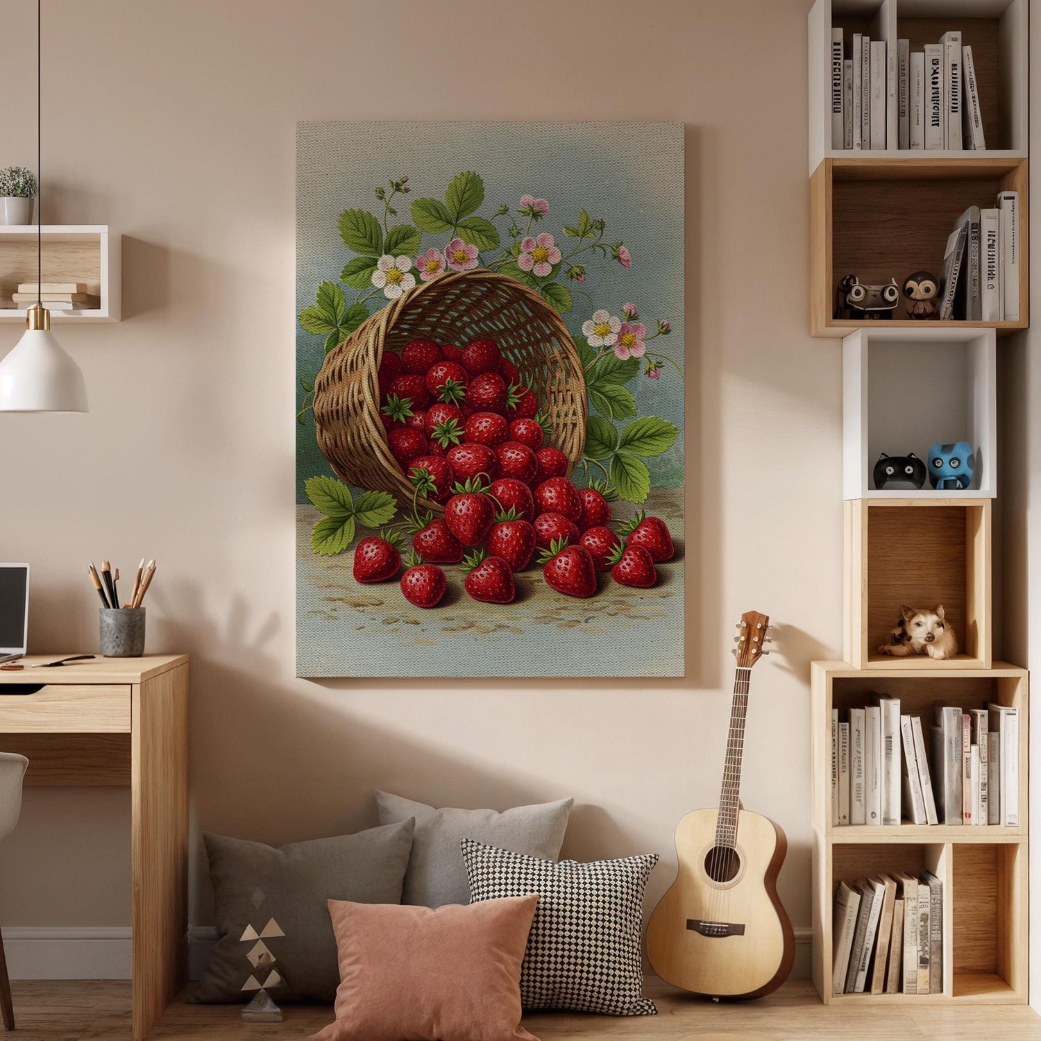 Strawberry Basket Canvas Wall Art, Rustic Kitchen Print, Fresh Fruit Illustration, Framed Country Artwork for Dining Room or Kitchen Decor