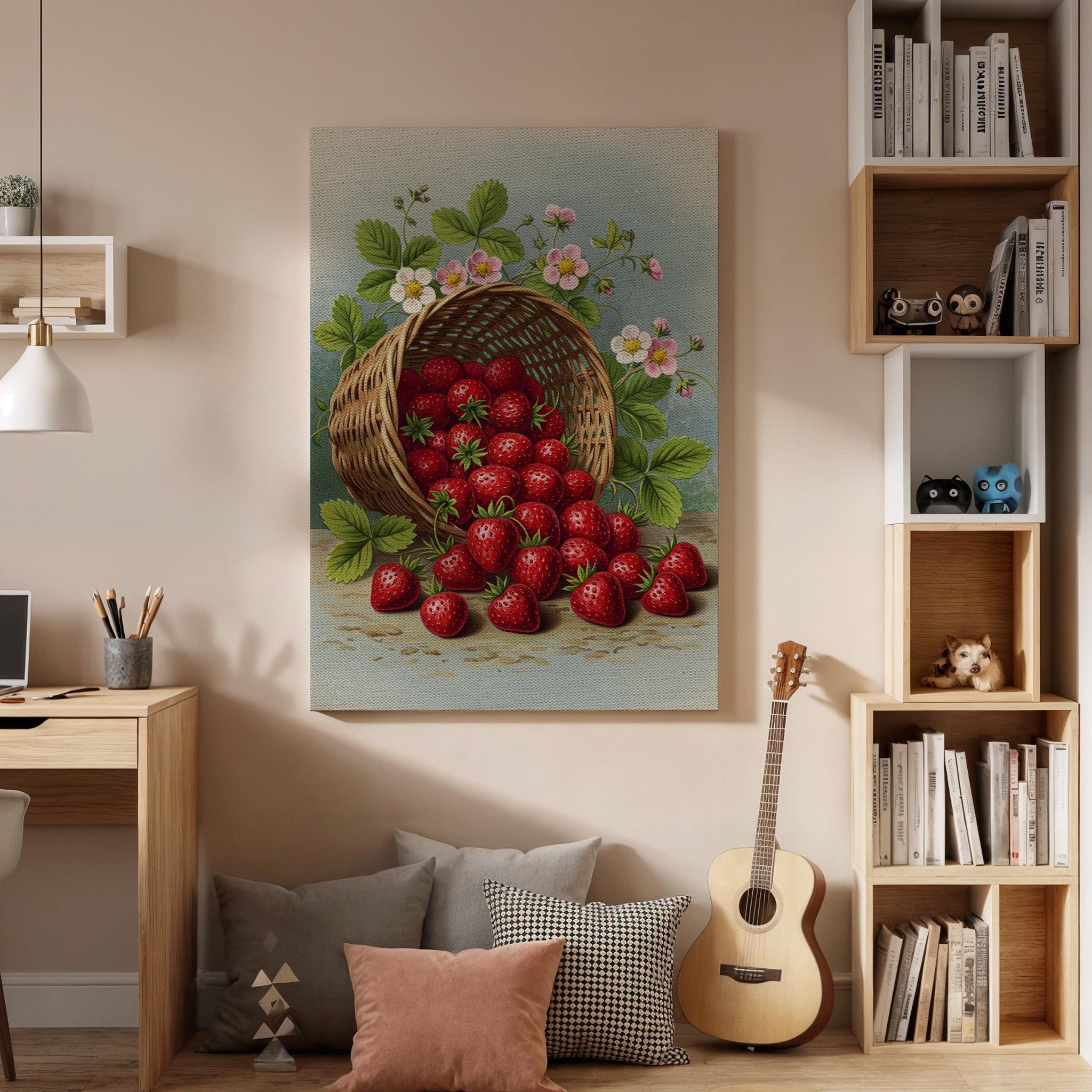 Strawberry Basket Canvas Wall Art, Rustic Kitchen Print, Fresh Fruit Illustration, Framed Country Artwork for Dining Room or Kitchen Decor