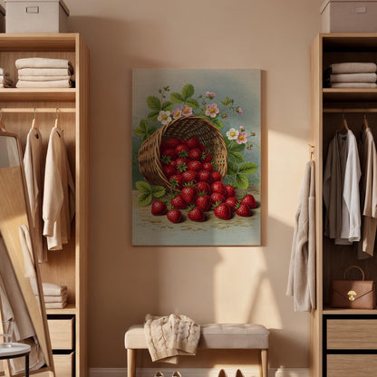 Strawberry Basket Canvas Wall Art, Rustic Kitchen Print, Fresh Fruit Illustration, Framed Country Artwork for Dining Room or Kitchen Decor