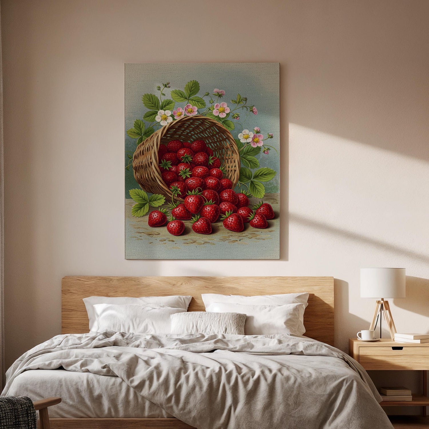 Strawberry Basket Canvas Wall Art, Rustic Kitchen Print, Fresh Fruit Illustration, Framed Country Artwork for Dining Room or Kitchen Decor