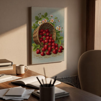 Strawberry Basket Canvas Wall Art, Rustic Kitchen Print, Fresh Fruit Illustration, Framed Country Artwork for Dining Room or Kitchen Decor