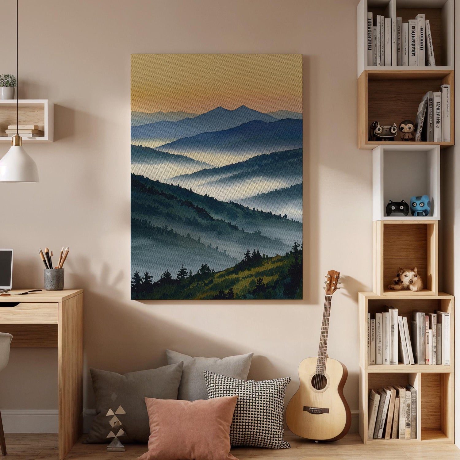 Misty Mountain Landscape Canvas Wall Art, Blue Green Nature Print, Framed Scenic Artwork for Living Room Bedroom or Office Wall Decoration