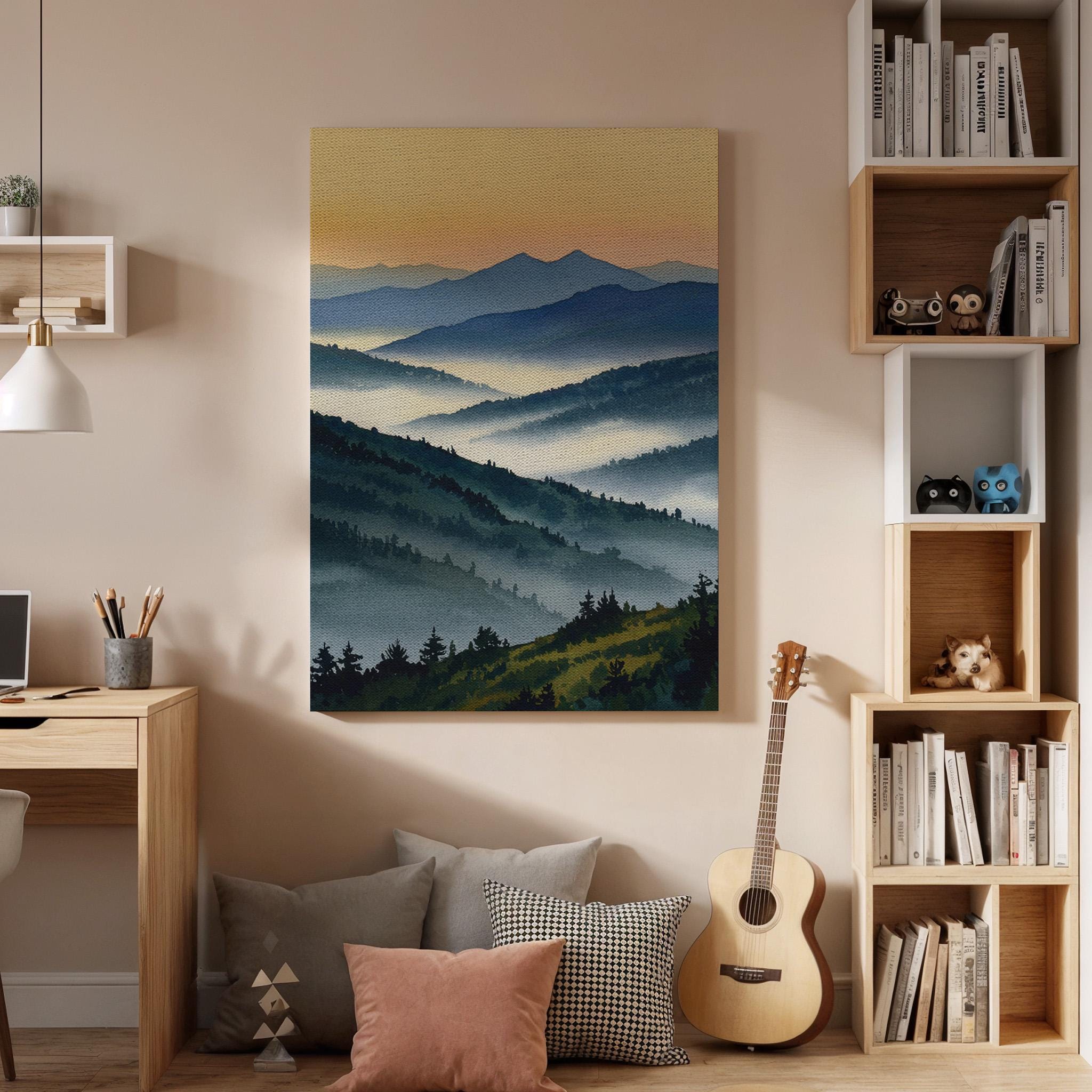 Misty Mountain Landscape Canvas Wall Art, Blue Green Nature Print, Framed Scenic Artwork for Living Room Bedroom or Office Wall Decoration