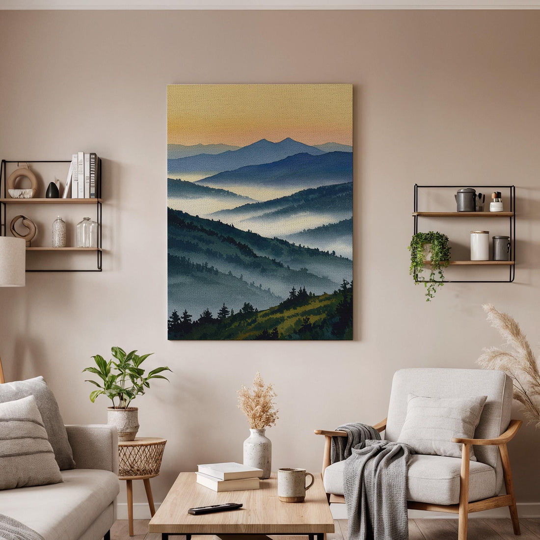 Misty Mountain Landscape Canvas Wall Art, Blue Green Nature Print, Framed Scenic Artwork for Living Room Bedroom or Office Wall Decoration