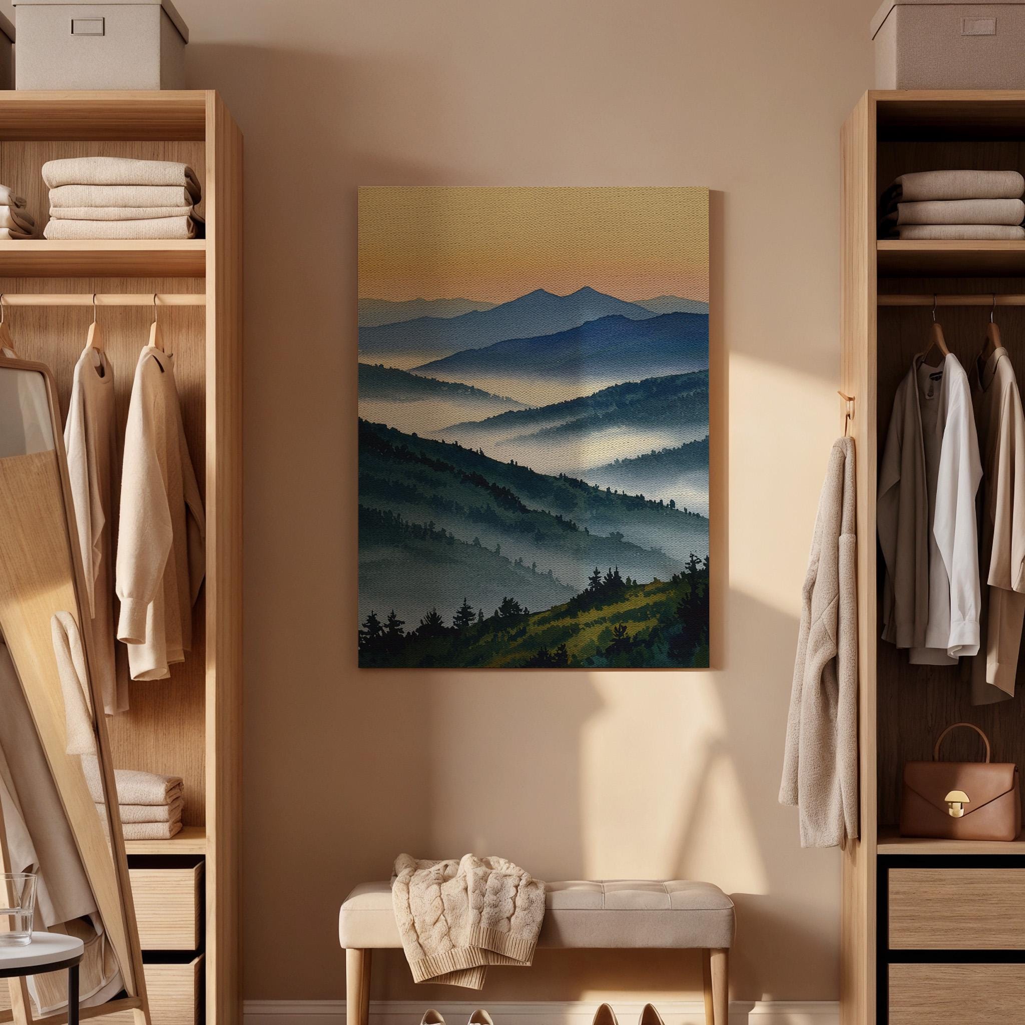 Misty Mountain Landscape Canvas Wall Art, Blue Green Nature Print, Framed Scenic Artwork for Living Room Bedroom or Office Wall Decoration