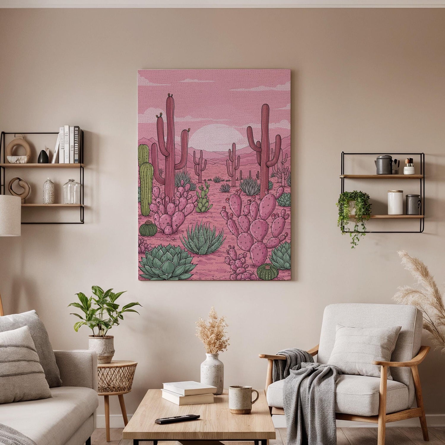 Pink Desert Cactus Canvas Wall Art, Succulent Landscape Print, Southwestern Nature Artwork Framed for Living Room Bedroom or Boho Home Decor