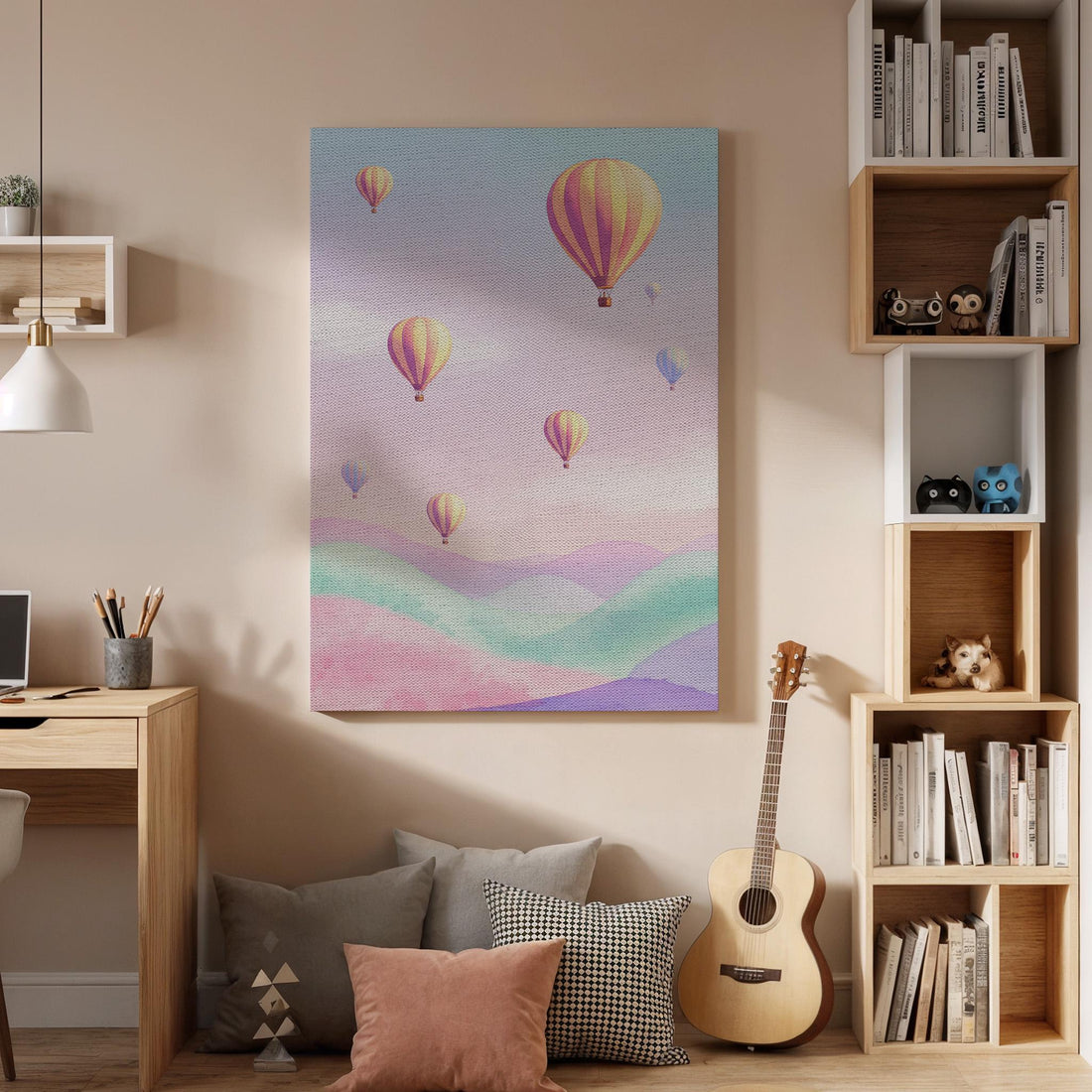 Hot Air Balloon Canvas Wall Art, Pastel Sky Landscape Print, Dreamy Colorful Clouds Artwork, Framed Travel Adventure Decor for Living Room