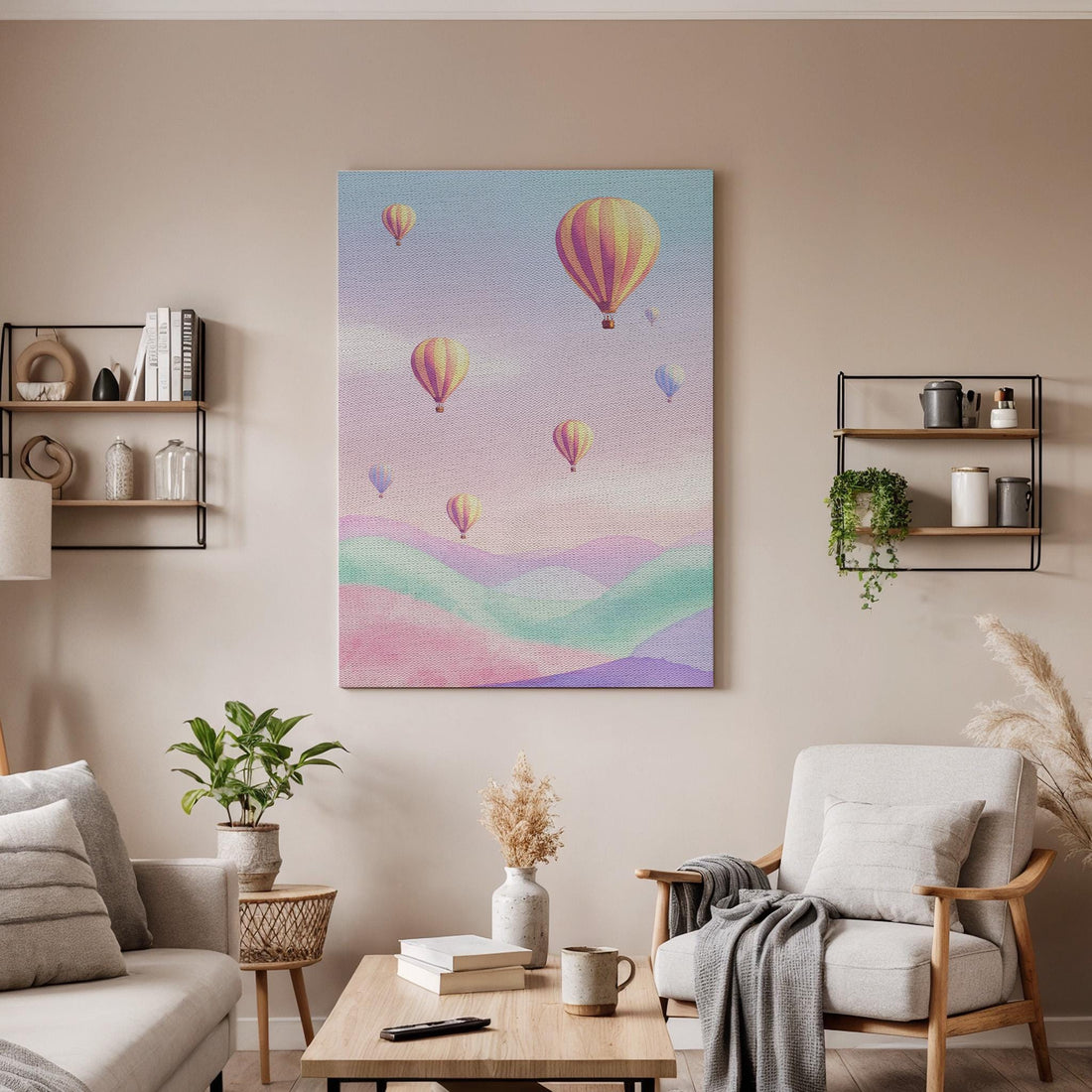Hot Air Balloon Canvas Wall Art, Pastel Sky Landscape Print, Dreamy Colorful Clouds Artwork, Framed Travel Adventure Decor for Living Room